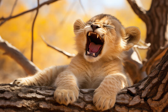 african lion cub yawning and stretching under a tree