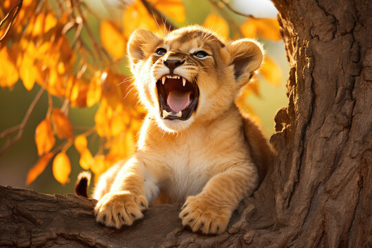 african lion cub yawning and stretching under a tree