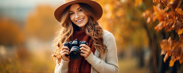 Beautiful woman photographer against autumn background. copy space for text.