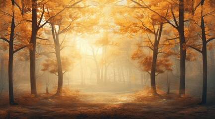 he sun rising over an autumn area with golden leaves
