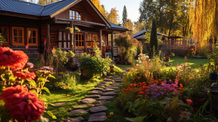 Old wooden country house in autumn garden.
