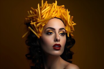 Woman French fries on head, AI generated