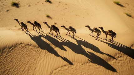 Camels in the desert with shadow seen on the sand
