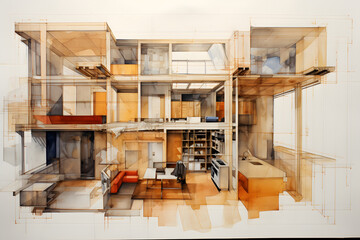 Fototapeta na wymiar Architectural drawing of a modern apartment. Architectural project. ia generated