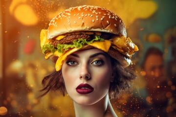 Woman hamburger on head, AI generated