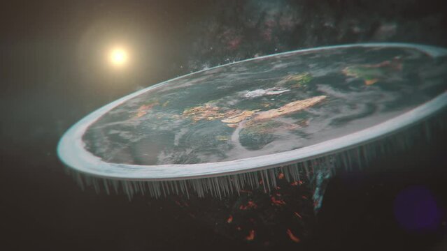 Flat Earth in cosmos. Close-up of flat Earth slowly rotating in space. A Flat Earth model with Antarctica as an ice wall surrounding a disc-shaped planet. Modern flat Earth animation in universe. 3D