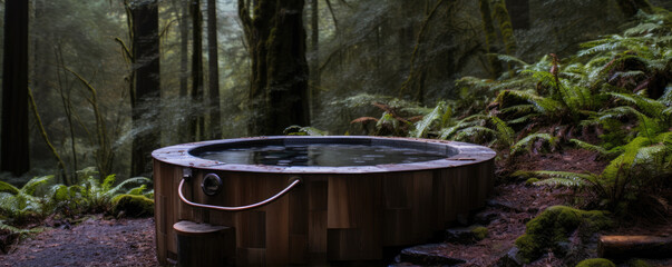 A water hot tub in deep forest. Big barrel with clean warm water outdoors nature.