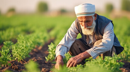 old man with white beard planting on his field