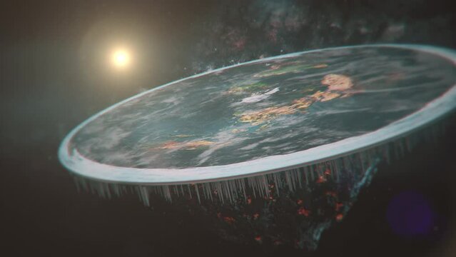 Flat Earth in cosmos. Close-up of fast rotating flat Earth in space. A Flat Earth model with Antarctica as an ice wall surrounding a disc-shaped planet. Modern flat Earth animation in universe. 3D