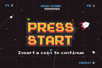 PRESS START INSERT A COIN TO CONTINUE .pixel art .arcade screen.8 bit game.retro game. for game assets in vector illustrations.