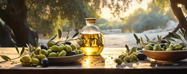 Fototapeten Glass bottle with olive oil and olive wood table in olive grove sun light. Generative ai © alexanderuhrin