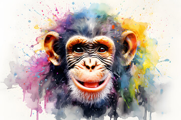 Modern colorful watercolor painting of a chimpanzee, textured white paper background, vibrant paint splashes. Created with generative AI
