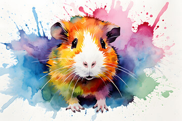 Modern colorful watercolor painting of a guinea pig, textured white paper background, vibrant paint splashes. Created with generative AI - obrazy, fototapety, plakaty