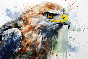 Modern colorful watercolor painting of a hawk, textured white paper background, vibrant paint splashes. Created with generative AI