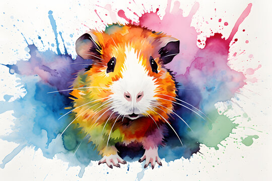 Modern colorful watercolor painting of a guinea pig, textured white paper background, vibrant paint splashes. Created with generative AI