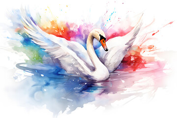 Modern colorful watercolor painting of a swan, textured white paper background, vibrant paint splashes. Created with generative AI