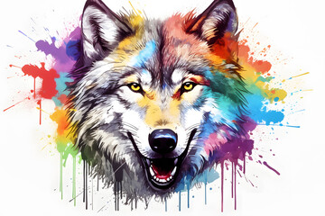 Modern colorful watercolor painting of a wolf, textured white paper background, vibrant paint splashes. Created with generative AI