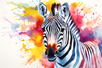 Modern colorful watercolor painting of a zebra, textured white paper background, vibrant paint splashes. Created with generative AI