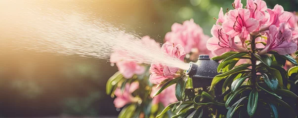 Fotobehang Watering blooming rhododendron in the garden. pink rhododendrons flower are poured with water © Michal