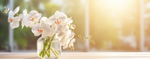 beautiful white orchid flowers blooming at autumn time. banner