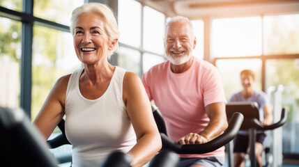 Active Seniors Exercising With Bicycles.