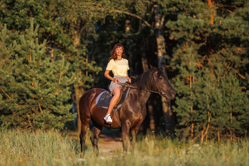 Fototapeta premium A young girl sits on a horse. Rider against the backdrop of the forest at sunset
