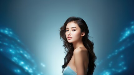 Fototapeta na wymiar Asian Girl With Glowing Skin Touches Face On Blue Background