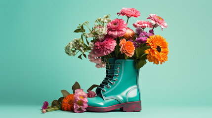 Turquoise deep boots filled with colorful field flowers
