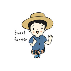 Happy man farmer holding thumbs up, hand drawn style vector illustration