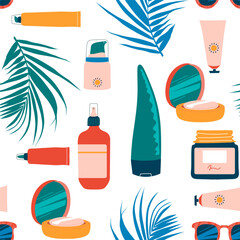 Cosmetic bottles, tubes, jars seamless pattern. Beauty routine background of a cosmetics store. Ideal for printing on textiles, advertising, design