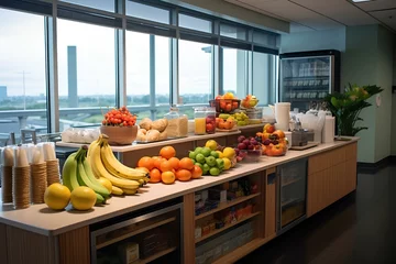 Rolgordijnen Fresh fruit and snack bar in open space office. concept of employee welfare to improve work efficiency. generative AI © yj