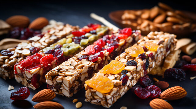 
Various granola bars on table background.