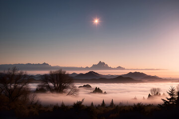 Obraz premium Beautiful foggy landscape of distant mountains with vegetation such as trees and bushes at sunset