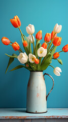 Vase flowers table against wall. Cyan orange palette.




