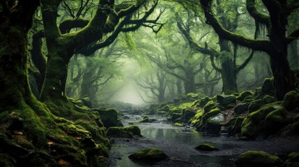 Mystical Forest Landscape Enveloped In Fog And Mist. Сoncept Exploring Hidden Caves, Whimsical Creatures Of The Forest, Ethereal Waterfalls, Lost Trails And Enchanting Sunsets