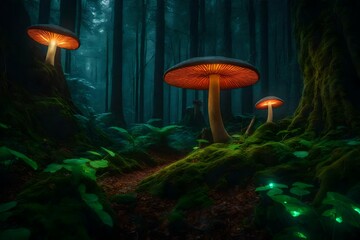 Fototapeta premium Forest of magic with luminous mushrooms and elusive animals.