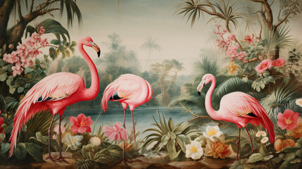 Vintage jungle wallpaper with flamingos, tropical birds.