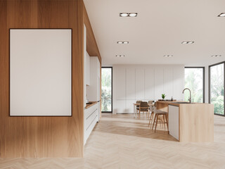 Light kitchen interior with bar counter and cabinet, window. Mockup frame