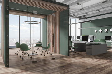 Fototapeta na wymiar Green and wooden open space office and meeting room with clocks