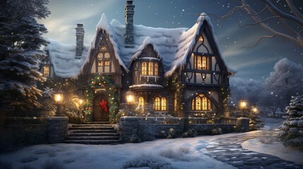 Cute Christmas cottage illustration for desktop backgrounds etc - obrazy, fototapety, plakaty