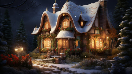 Cute Christmas cottage illustration for desktop backgrounds etc