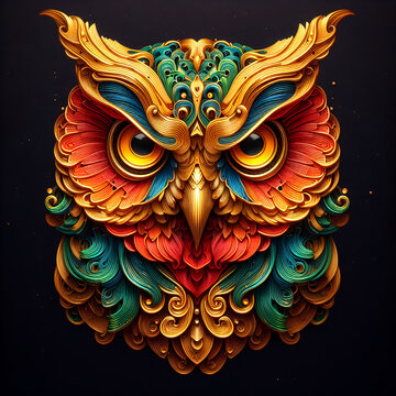 3d render of the head and face of an owl with fire red, gold and green feathers on black background 