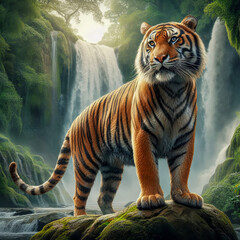 A rare and extinct animal called the Tasmania tiger is in the jungle and waterfall 