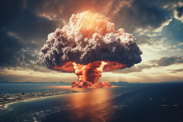 thermonuclear explosion. generative ai. nuclear mushroom. threat of nuclear war. - obrazy, fototapety, plakaty