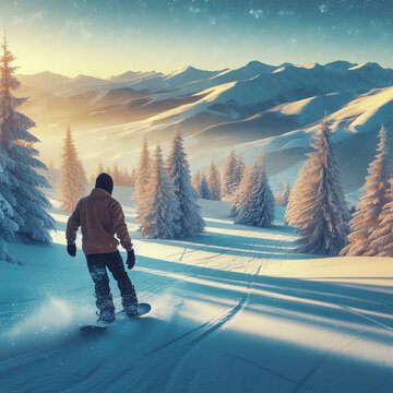 Man Skiing On A Snow Mountain On Winter With Copy Space Area.