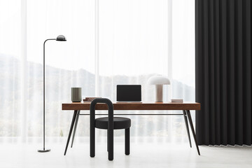 Stylish home bedroom interior with workplace, chair with desk and window