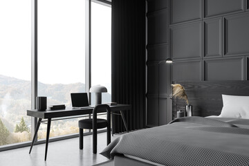 Modern home bedroom interior with bed and workplace, panoramic window