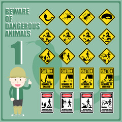 Set of safety caution and warning signs to inform people to beware of dangerous animals. Sign and symbols for remind people in risk of dangerous animals area. 