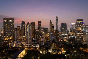 Fototapeta na wymiar Beautiful panoramic view on night Bangkok skyline, office skyscrapers and lights