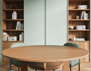 Cozy home living room interior with table and seats, shelf with decoration